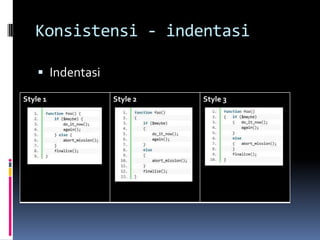 Konsistensi - indentasi
 Indentasi
Style 1 Style 2 Style 3
 