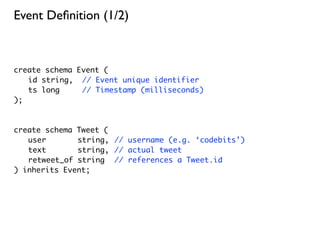 Event Deﬁnition (1/2)



create schema Event (
	 id string, // Event unique identifier
	 ts long      // Timestamp (milliseconds)
);



create schema Tweet (
	 user        string,	 // username (e.g. ‘codebits’)
	 text        string,	 // actual tweet
	 retweet_of string	 // references a Tweet.id
) inherits Event;
 