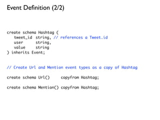 Event Deﬁnition (2/2)


create schema Hashtag (
	 tweet_id	 string, // references a Tweet.id
	 user 	 	 string,
	 value	 	 string
) inherits Event;



// Create Url and Mention event types as a copy of Hashtag

create schema Url()     copyfrom Hashtag;

create schema Mention() copyfrom Hashtag;
 