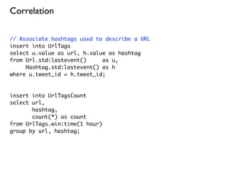 Correlation

// Associate hashtags used to describe a URL
insert into UrlTags
select u.value as url, h.value as hashtag
from Url.std:lastevent()     as u,
     Hashtag.std:lastevent() as h
where u.tweet_id = h.tweet_id;



insert into UrlTagsCount
select url,
       hashtag,
       count(*) as count
from UrlTags.win:time(1 hour)
group by url, hashtag;
 