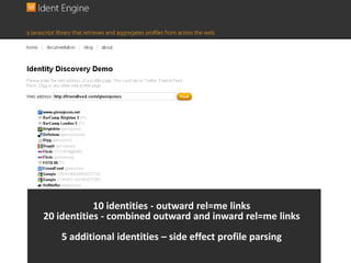 10 identities - outward rel=me links20 identities - combined outward and inward rel=me links5 additional identities – side effect profile parsing