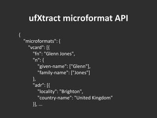 ufXtractmicroformat API{    "microformats": {        "vcard": [{            "fn": "Glenn Jones",            "n": {                "given-name": ["Glenn"],                "family-name": ["Jones"]            },            "adr": [{                "locality": "Brighton",                "country-name": "United Kingdom"            }], ...