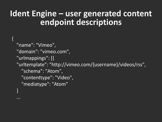 Ident Engine – user generated content endpoint descriptions{    "name": "Vimeo",    "domain": "vimeo.com",    "urlmappings": [{    "urltemplate": "http://vimeo.com/{username}/videos/rss",        "schema": "Atom",        "contenttype": "Video",        "mediatype": "Atom"    }    ...