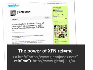 The power of XFN rel=me< a href=“http://www.glennjones.net/” rel=“me”>http://www.glennj... </a>