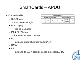 SmartCards – APDU
●   Comando APDU
    ●   CLA (1 byte)
        – Classe de Instrução
    ●   INS (1 byte)
        – Tipo de Comando
    ●   P1 & P2 (2 bytes)
        –    Parâmentros do Comando
    ●   LC
        – Tamanho opcional do Comando DATA
    ●   DATA
    ●   LE
        –    Tamanho da DATA esperado após a resposta APDU
 