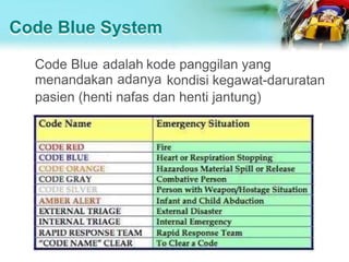 Code Blue System
Code Blue
menandakan
adalah
adanya
kode panggilan yang
kondisi kegawat-daruratan
pasien (henti nafas dan henti jantung)
 