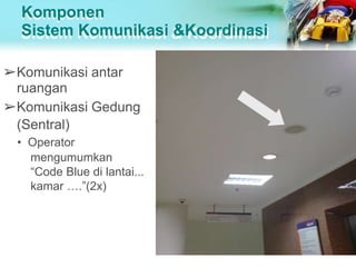 Komponen
Sistem Komunikasi &Koordinasi
➢Komunikasi antar
ruangan
➢Komunikasi Gedung
(Sentral)
• Operator
mengumumkan
“Code Blue di lantai...
kamar ….”(2x)
 