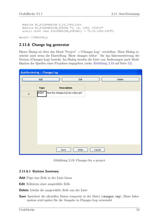 CodeBlocks V1.1                                                  2.11 AutoVersioning


  #define RC_FILEVERSION 0,10,1086,6349
  #define RC_FILEVERSION_STRING "0, 10, 1086, 63490"
  static const char FULLVERSION_STRING[] = "0.10.1086.6349";

#endif //VERSION_h

2.11.6 Change log generator
Dieser Dialog ist uber das Men¨ ’Project’ →’Changes Log’ erreichbar. Diese Dialog er-
                  ¨            u
scheint auch wenn die Einstellung ’Show changes editor’ f¨r das Inkrementierung der
                                                           u
                                                               ¨
Version (Changes Log) besteht. Im Dialog werden die Liste von Anderungen nach Modi-
ﬁkation der Quellen eines Projektes eingegeben (siehe Abbildung 2.19 auf Seite 52).




                        Abbildung 2.19: Changes for a project


2.11.6.1 Buttons Summary

Add F¨gt eine Zeile in der Liste hinzu
     u
Edit Editieren einer ausgw¨hlte Zelle
                          a
Delete L¨scht die ausgew¨hlte Zeile aus der Liste
        o               a
Save Speichert die aktuellen Daten tempor¨r in der Datei (changes.tmp). Diese Infor-
                                          a
     mation wird sp¨ter f¨r die Ausgabe in Changes Log verwendet
                    a    u

Codeblocks                                                                        52
 