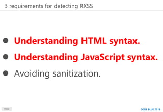 MBSD
 Understanding HTML syntax.
 Understanding JavaScript syntax.
 Avoiding sanitization.
CODE BLUE 2016
3 requirement...