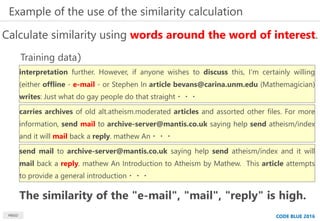 Example of the use of the similarity calculation
MBSD CODE BLUE 2016
Calculate similarity using words around the word of i...