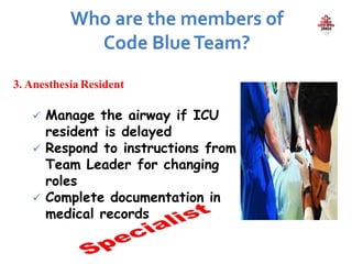 3. Anesthesia Resident
 Manage the airway if ICU
resident is delayed
 Respond to instructions from
Team Leader for changing
roles
 Complete documentation in
medical records
 