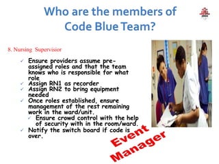 8. Nursing Supervisior
 Ensure providers assume pre-
assigned roles and that the team
knows who is responsible for what
role
 Assign RN1 as recorder
 Assign RN2 to bring equipment
needed
 Once roles established, ensure
management of the rest remaining
work in the ward/unit.
 Ensure crowd control with the help
of security with in the room/ward.
 Notify the switch board if code is
over.
 