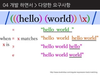 04 개발 하면서 > 다양핚 요구사항




             http://www.dustindiaz.com/regular-expression-back-matching
 