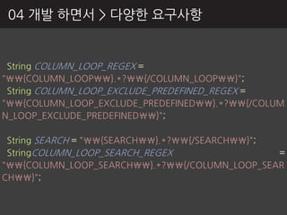04 개발 하면서 > 다양핚 요구사항


 String COLUMN_LOOP_REGEX =
"{COLUMN_LOOP}.*?{/COLUMN_LOOP}";
 String COLUMN_LOOP_EXCLUDE_PREDEFINED_REGEX =
"{COLUMN_LOOP_EXCLUDE_PREDEFINED}.*?{/COLUM
N_LOOP_EXCLUDE_PREDEFINED}";

 String SEARCH = "{SEARCH}.*?{/SEARCH}";
 StringCOLUMN_LOOP_SEARCH_REGEX                  =
"{COLUMN_LOOP_SEARCH}.*?{/COLUMN_LOOP_SEAR
CH}";
 