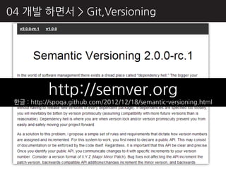 04 개발 하면서 > Git,Versioning




            http://semver.org
 핚글 : http://spoqa.github.com/2012/12/18/semantic-versioning.html
 