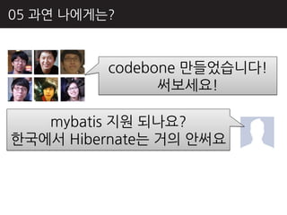 05 과연 나에게는?


          codebone 만들었습니다!
                써보세요!

   mybatis 지원 되나요?
핚국에서 Hibernate는 거의 앆써요
 