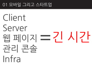 01 모바읷 그리고 스타트업


Client
Server
웹 페이지
관리 콘솔
           = 긴 시갂
Infra
 
