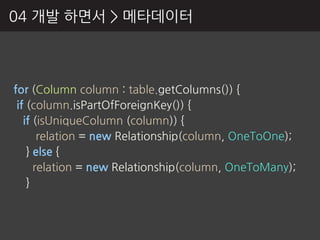 04 개발 하면서 > 메타데이터



for (Column column : table.getColumns()) {
 if (column.isPartOfForeignKey()) {
   if (isUniqueColumn (column)) {
       relation = new Relationship(column, OneToOne);
    } else {
      relation = new Relationship(column, OneToMany);
    }
 
