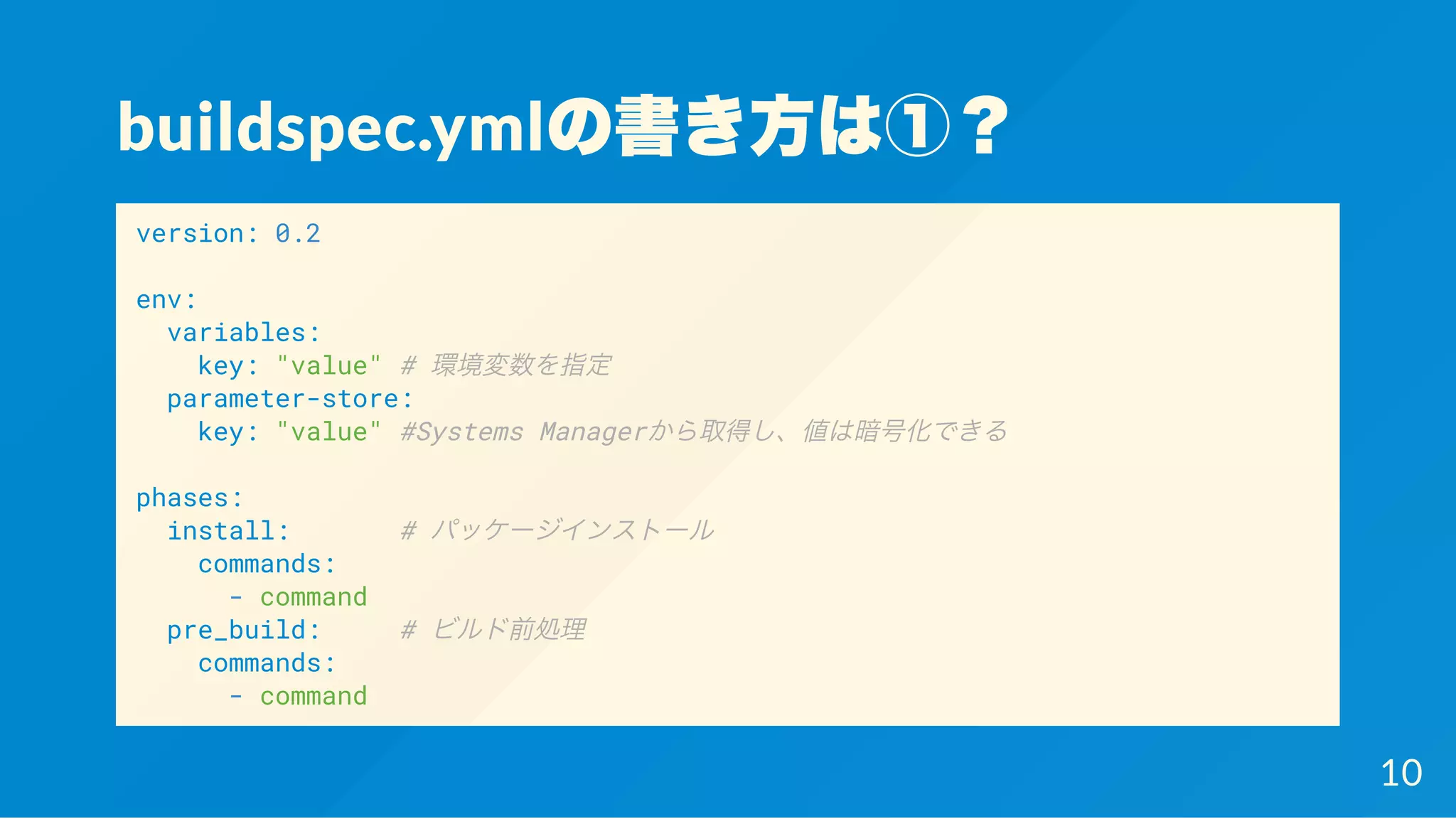 buildspec.ymlの書き方は①？
version: 0.2
env:
variables:
key: "value" # 環境変数を指定
parameter-store:
key: "value" #Systems Managerから取得し、値は暗号化できる
phases:
install: # パッケージインストール
commands:
- command
pre_build: # ビルド前処理
commands:
- command
10
 