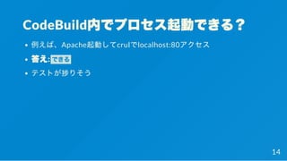 CodeBuild内でプロセス起動できる？
例えば、Apache起動してcrulでlocalhost:80アクセス
答え: できる
テストが捗りそう
14
 