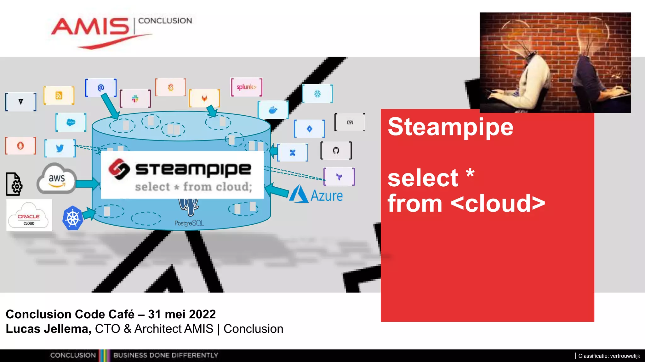 Classificatie: vertrouwelijk
Steampipe
select *
from <cloud>
Conclusion Code Café – 31 mei 2022
Lucas Jellema, CTO & Architect AMIS | Conclusion
 