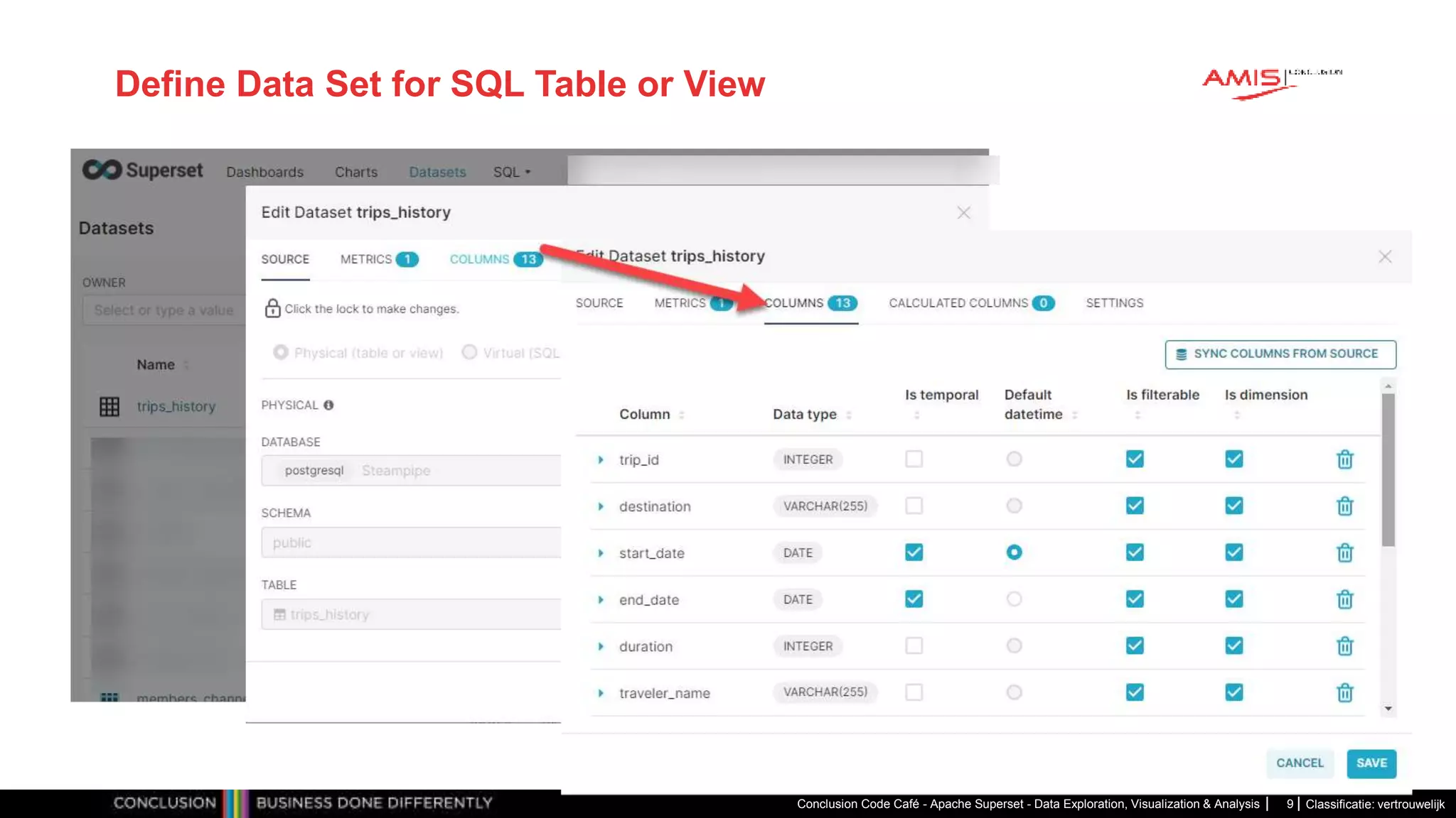 Classificatie: vertrouwelijk
Define Data Set for SQL Table or View
Conclusion Code Café - Apache Superset - Data Exploration, Visualization & Analysis 9
 