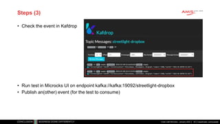 Classificatie: vertrouwelijk
Steps (3)
• Check the event in Kafdrop
• Run test in Microcks UI on endpoint kafka://kafka:19092/streetlight-dropbox
• Publish an(other) event (for the test to consume)
Code Café Microcks - January 2022 30
 