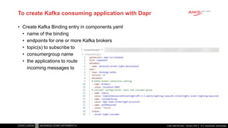 Classificatie: vertrouwelijk
To create Kafka consuming application with Dapr
• Create Kafka Binding entry in components.yaml
• name of the binding
• endpoints for one or more Kafka brokers
• topic(s) to subscribe to
• consumergroup name
• the applications to route
incoming messages to
Code Café Microcks - January 2022 32
 
