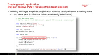 Classificatie: vertrouwelijk
Create generic application
that can receive POST request (from Dapr side car)
• Incoming messages are posted to application from side car at path equal to /binding-name
in components.yaml (in this case: /advanced-street-light-destination)
Code Café Microcks - January 2022 33
 