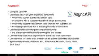Classificatie: vertrouwelijk
AsyncAPI
• Compare OpenAPI
• Describes an API (in yaml or json) to consumers
• invitation to publish events on a certain topic
on which the API is subscribed and from which it consumes
• invitation to subscribe to a certain topic (that the API publishes to)
• the message structure that is actually published or consumed
• Used to generate code for publishing or consuming
• and provide documentation for developers and testers
• Used to drive Mock-tools to publish the event said to be consumed
• Used to drive Test-tools-tools to listen for the events claimed to be published
• Sponsored by Solace, Postman, IBM, SalesForce, MuleSoft, IQVia, Tibco,
SAP, Slack
Code Café Microcks - January 2022 4
 