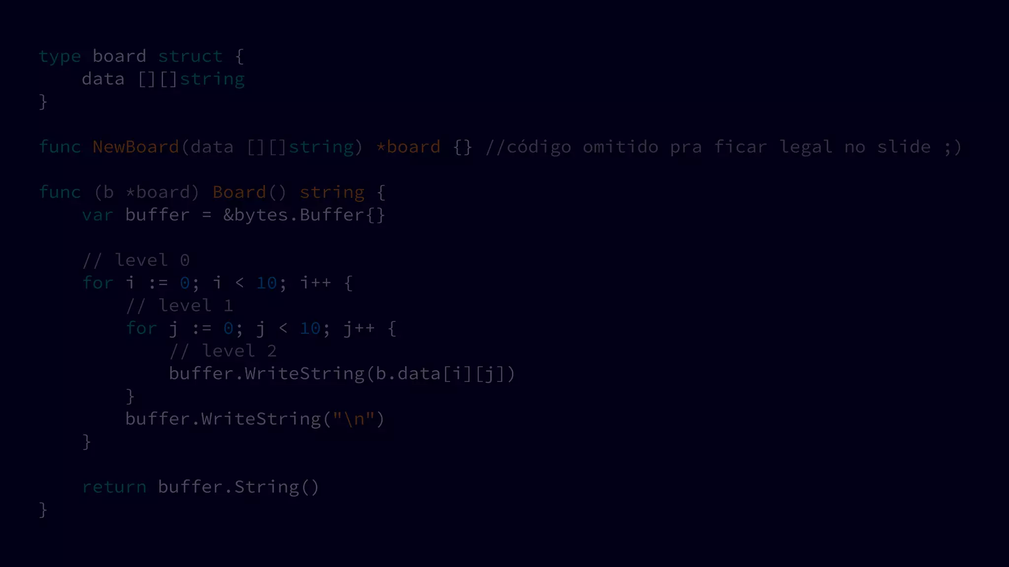 type board struct {
data [][]string
}
func NewBoard(data [][]string) *board {} //código omitido pra ficar legal no slide ;)
func (b *board) Board() string {
var buffer = &bytes.Buffer{}
// level 0
for i := 0; i < 10; i++ {
// level 1
for j := 0; j < 10; j++ {
// level 2
buffer.WriteString(b.data[i][j])
}
buffer.WriteString("n")
}
return buffer.String()
}
 