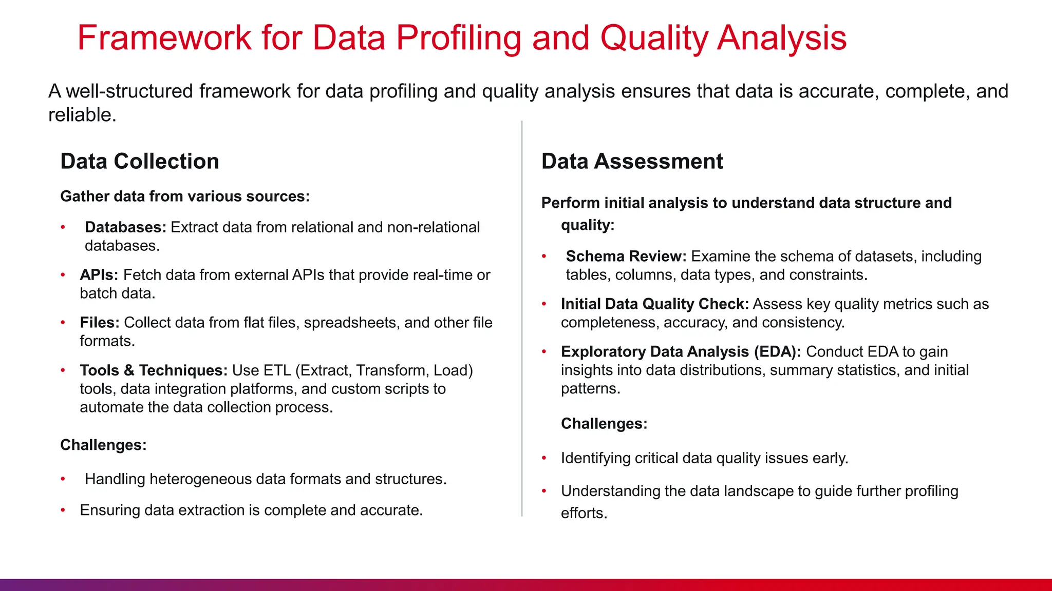 Framework for Data Profiling and Quality Analysis Gather data from various sources: • Databases: Extract data from relational and non-relational databases. • APIs: Fetch data from external APIs that provide real-time or batch data. • Files: Collect data from flat files, spreadsheets, and other file formats. • Tools & Techniques: Use ETL (Extract, Transform, Load) tools, data integration platforms, and custom scripts to automate the data collection process. Challenges: • Handling heterogeneous data formats and structures. • Ensuring data extraction is complete and accurate. Data Collection Perform initial analysis to understand data structure and quality: • Schema Review: Examine the schema of datasets, including tables, columns, data types, and constraints. • Initial Data Quality Check: Assess key quality metrics such as completeness, accuracy, and consistency. • Exploratory Data Analysis (EDA): Conduct EDA to gain insights into data distributions, summary statistics, and initial patterns. Challenges: • Identifying critical data quality issues early. • Understanding the data landscape to guide further profiling efforts. Data Assessment A well-structured framework for data profiling and quality analysis ensures that data is accurate, complete, and reliable. 