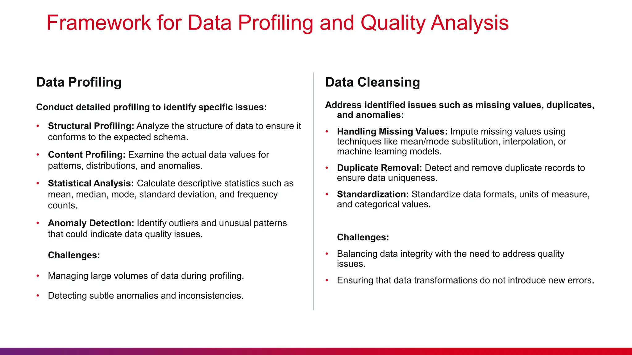 Framework for Data Profiling and Quality Analysis Conduct detailed profiling to identify specific issues: • Structural Profiling: Analyze the structure of data to ensure it conforms to the expected schema. • Content Profiling: Examine the actual data values for patterns, distributions, and anomalies. • Statistical Analysis: Calculate descriptive statistics such as mean, median, mode, standard deviation, and frequency counts. • Anomaly Detection: Identify outliers and unusual patterns that could indicate data quality issues. Challenges: • Managing large volumes of data during profiling. • Detecting subtle anomalies and inconsistencies. Data Profiling Address identified issues such as missing values, duplicates, and anomalies: • Handling Missing Values: Impute missing values using techniques like mean/mode substitution, interpolation, or machine learning models. • Duplicate Removal: Detect and remove duplicate records to ensure data uniqueness. • Standardization: Standardize data formats, units of measure, and categorical values. Challenges: • Balancing data integrity with the need to address quality issues. • Ensuring that data transformations do not introduce new errors. Data Cleansing 