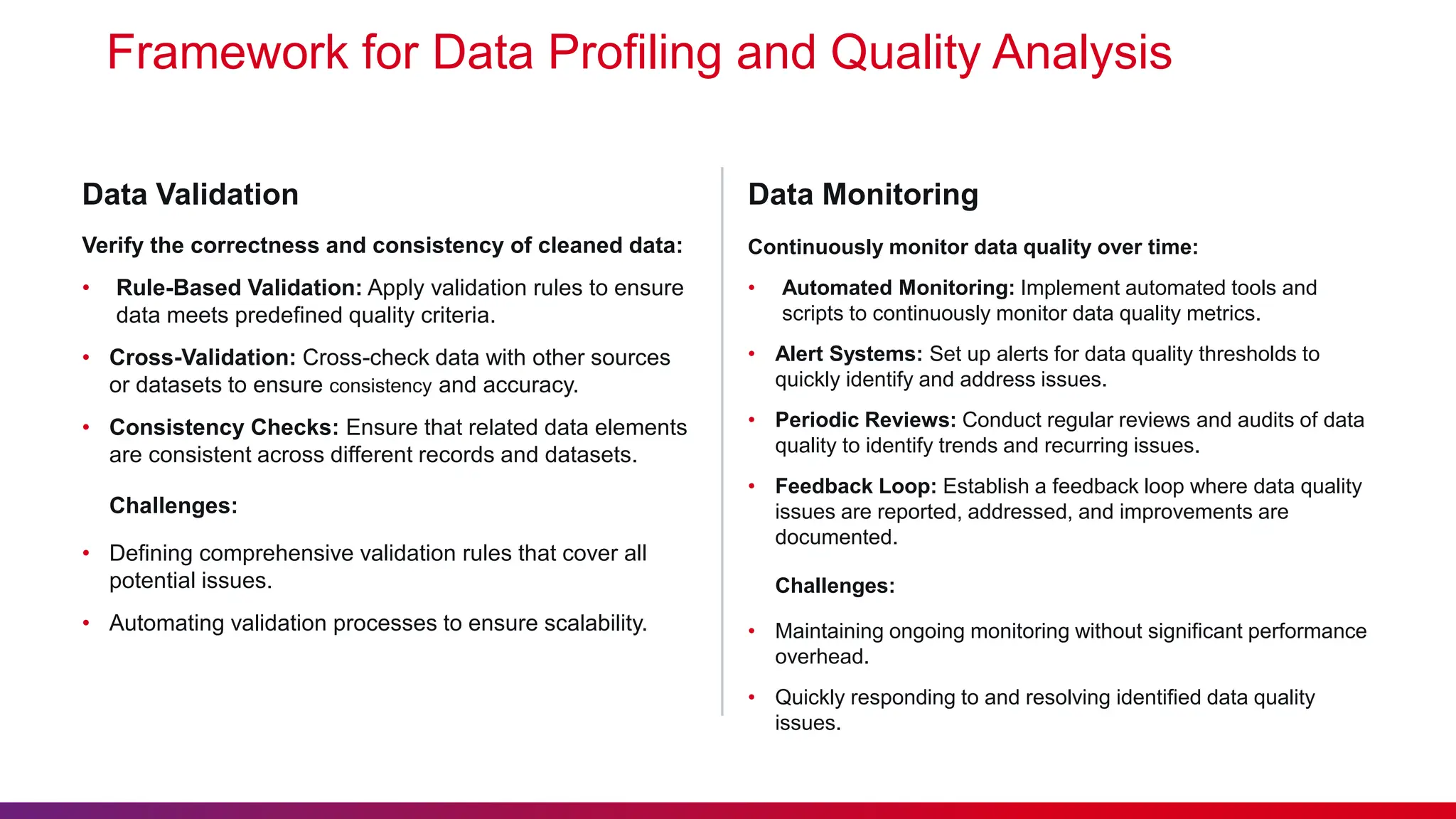 Framework for Data Profiling and Quality Analysis Verify the correctness and consistency of cleaned data: • Rule-Based Validation: Apply validation rules to ensure data meets predefined quality criteria. • Cross-Validation: Cross-check data with other sources or datasets to ensure consistency and accuracy. • Consistency Checks: Ensure that related data elements are consistent across different records and datasets. Challenges: • Defining comprehensive validation rules that cover all potential issues. • Automating validation processes to ensure scalability. Data Validation Continuously monitor data quality over time: • Automated Monitoring: Implement automated tools and scripts to continuously monitor data quality metrics. • Alert Systems: Set up alerts for data quality thresholds to quickly identify and address issues. • Periodic Reviews: Conduct regular reviews and audits of data quality to identify trends and recurring issues. • Feedback Loop: Establish a feedback loop where data quality issues are reported, addressed, and improvements are documented. Challenges: • Maintaining ongoing monitoring without significant performance overhead. • Quickly responding to and resolving identified data quality issues. Data Monitoring 