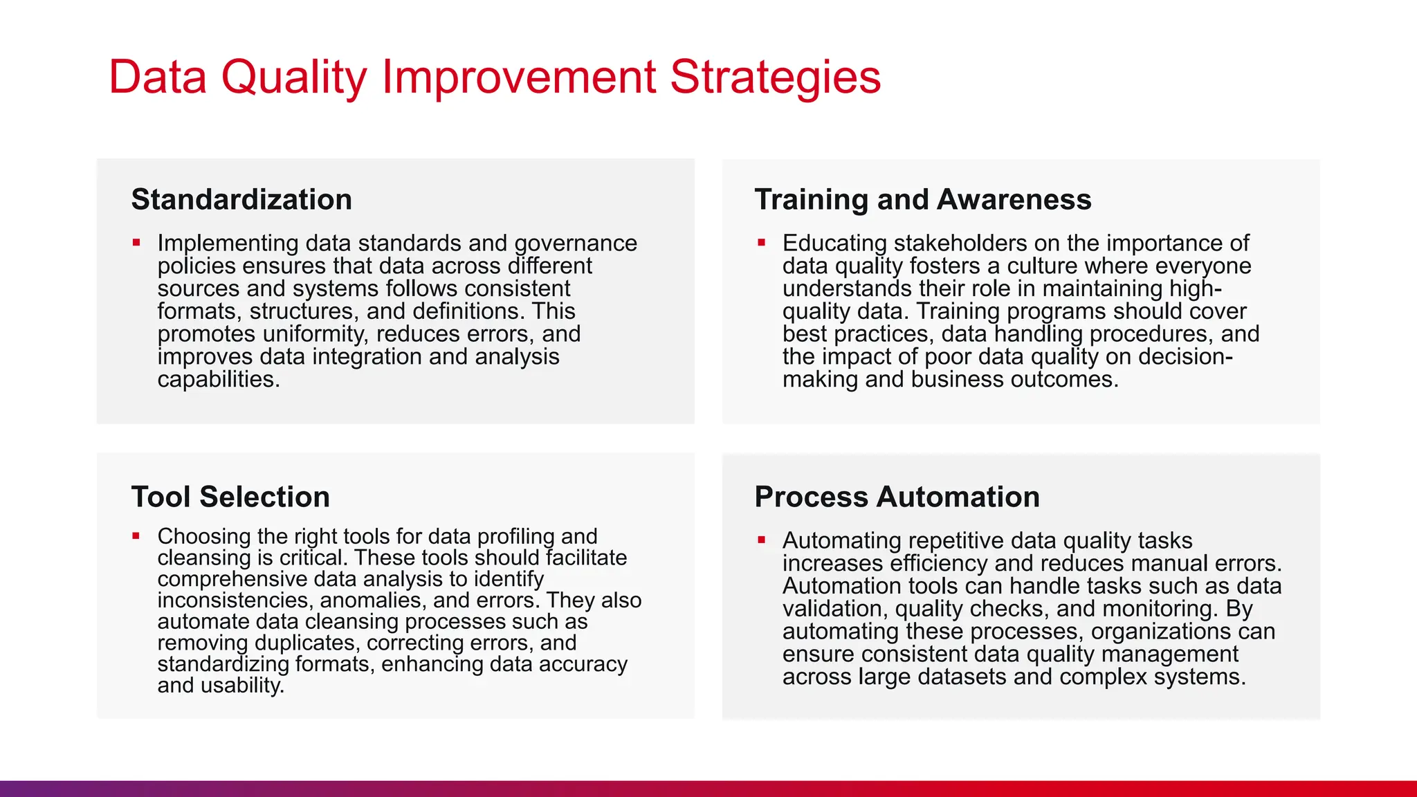 Training and Awareness Standardization  Implementing data standards and governance policies ensures that data across different sources and systems follows consistent formats, structures, and definitions. This promotes uniformity, reduces errors, and improves data integration and analysis capabilities.  Educating stakeholders on the importance of data quality fosters a culture where everyone understands their role in maintaining high- quality data. Training programs should cover best practices, data handling procedures, and the impact of poor data quality on decision- making and business outcomes. Data Quality Improvement Strategies Process Automation Tool Selection  Choosing the right tools for data profiling and cleansing is critical. These tools should facilitate comprehensive data analysis to identify inconsistencies, anomalies, and errors. They also automate data cleansing processes such as removing duplicates, correcting errors, and standardizing formats, enhancing data accuracy and usability.  Automating repetitive data quality tasks increases efficiency and reduces manual errors. Automation tools can handle tasks such as data validation, quality checks, and monitoring. By automating these processes, organizations can ensure consistent data quality management across large datasets and complex systems. 
