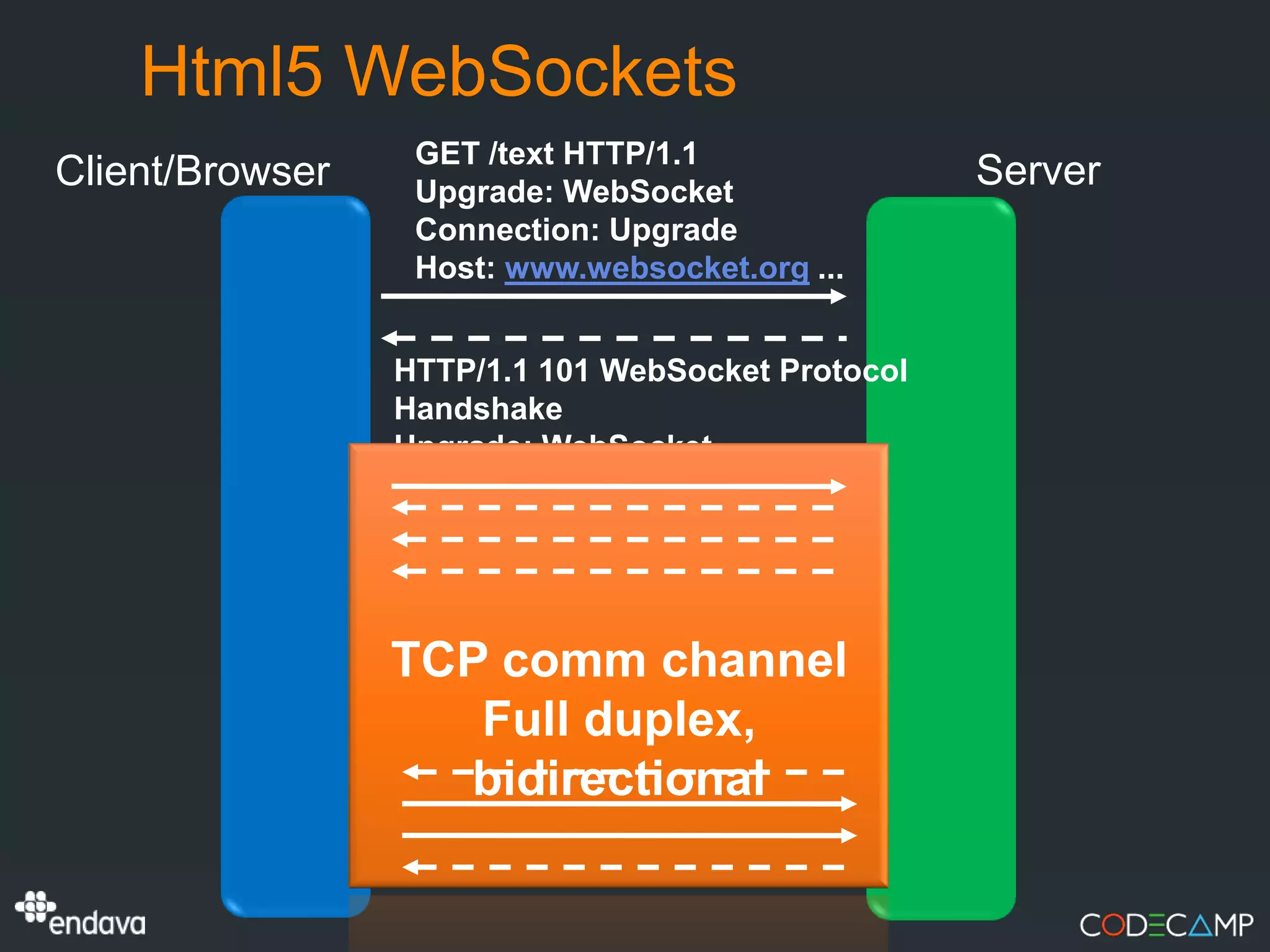 Html5 WebSockets
                  GET /text HTTP/1.1
Client/Browser    Upgrade: WebSocket
                                                   Server
                  Connection: Upgrade
                  Host: www.websocket.org ...


                 HTTP/1.1 101 WebSocket Protocol
                 Handshake
                 Upgrade: WebSocket ...




                 TCP comm channel
                    Full duplex,
                   bidirectional
 