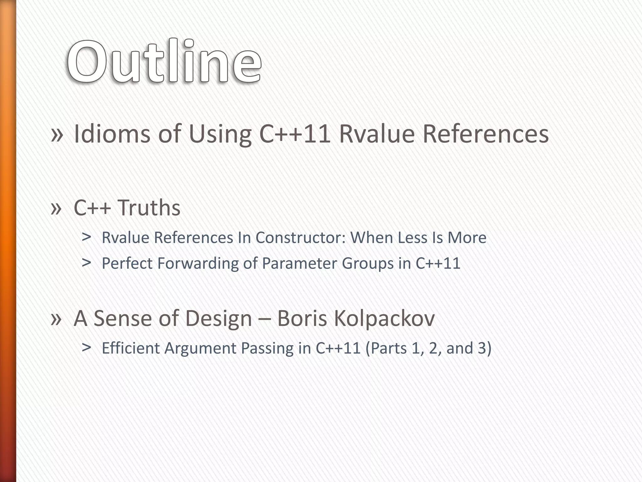 » Idioms
  ˃ Specific grammatical, syntactic, structural
    expressions in a given programming language
    to solve an implementation problem
  ˃ Often have names—create vocabulary like
    patterns
  ˃ Repeat themselves
  ˃ Often cannot be modularized as libraries
  ˃ May get promoted as first-class features as a
    language evolves

» Idioms vs. Patterns
  ˃ Idioms are patterns specific to a language
  ˃ Patterns are language independent
 