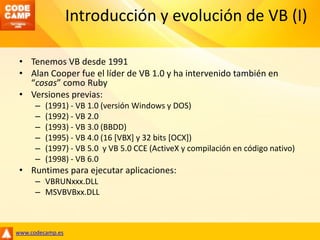 Introducción y evolución de VB (I)Tenemos VB desde 1991Alan Cooper fue el líder de VB 1.0 y ha intervenido también en “cosas” como RubyVersiones previas: (1991) - VB 1.0 (versión Windows y DOS)(1992) - VB 2.0(1993) - VB 3.0 (BBDD)(1995) - VB 4.0 (16 [VBX] y 32 bits [OCX])(1997) - VB 5.0  y VB 5.0 CCE (ActiveX y compilación en código nativo)(1998) - VB 6.0Runtimes para ejecutar aplicaciones: VBRUNxxx.DLLMSVBVBxx.DLL