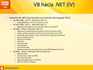 VB hacia .NET (IV)Evolución de .NET lleva incluida una evolución del lenguaje VB (I)VB .NET 2002 – VB 7.0 - Microsoft .NET 1.0Compatibilidad con VB 6.0 (¿migración real?)VB .NET 2003 – VB 7.1 - Microsoft .NET 1.1Mejoras en el asistente de actualización (VB 6.0 to VB .NET)VB 2005 – VB 8.0 - Microsoft .NET 2.0Mejoras en el asistente de actualización (VB 6.0 to VB para .NET)Editar y continuar (usadas en VB 6.0 y anteriores pero no en .NET)Uso de My para acceder a clases comúnmente usadas (productividad)Uso de la palabra UsingData SourcebindingGenéricosClases parcialesTipos NullableComentarios XMLModelo de factorías para aplicaciones multi-DB (DatabaseFactories)VB 2005 – VB 8.0 - Microsoft .NET 3.0 (CLR 2.0)Operador IsNotContinue Do y ContinueWhileDocumentación XMLSoporte de paginación en ADO.NETWCF, WF, WPF y CardSpace