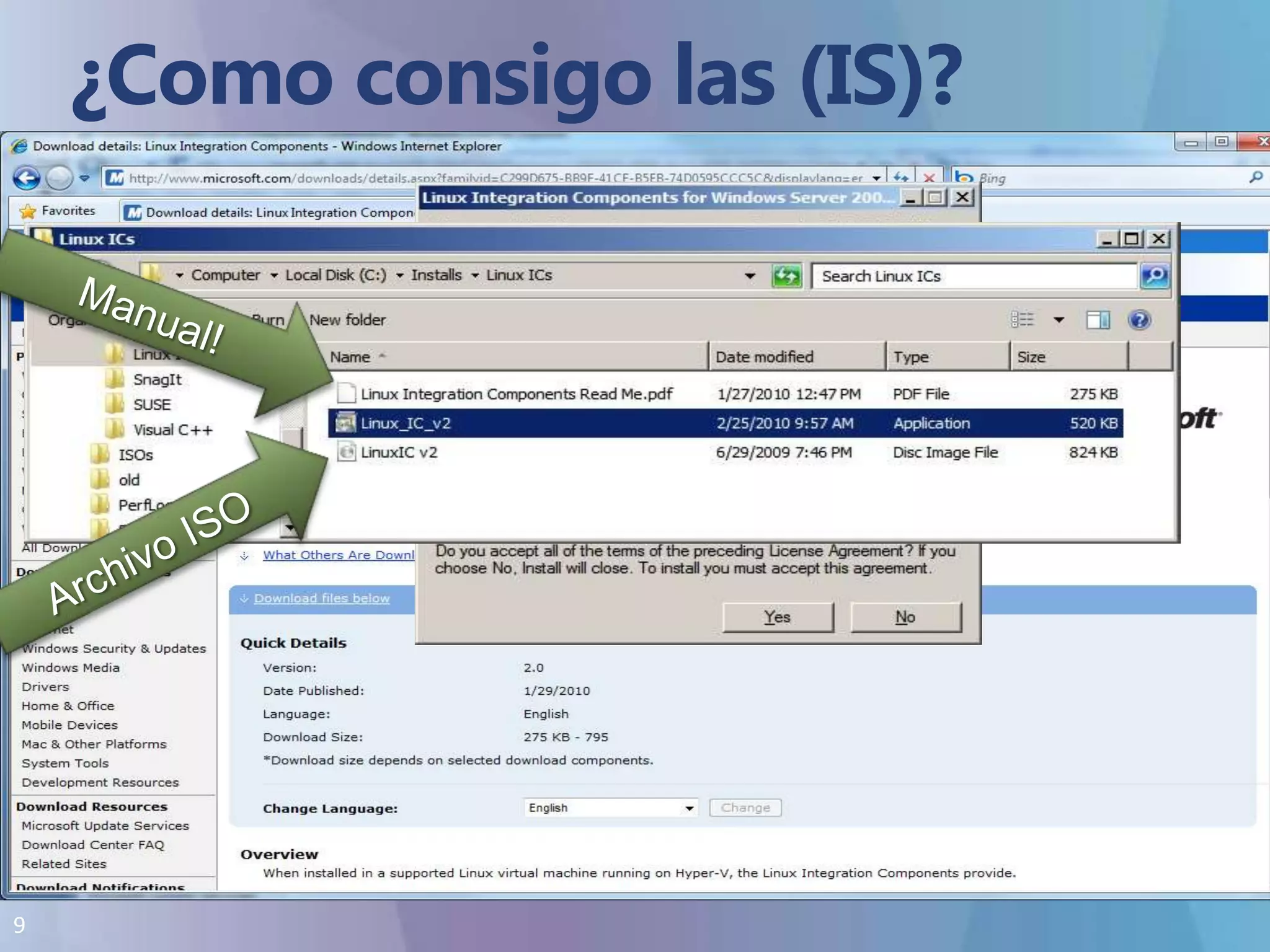 ¿Como consigo las (IS)?V2/V2.1 (2008 and Hyper-V R2) disponibles en http://www.microsoft.com/downloadsLinux kernel 2.6.32 y superiores, IS estarán disponibles (si son incluidas en la distribución – solo habilitarlas)Manual!Archivo ISO
