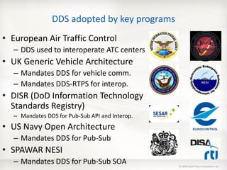 DDS adopted by key programs
• European Air Traffic Control
  – DDS used to interoperate ATC centers
• UK Generic Vehicle Architecture
  – Mandates DDS for vehicle comm.
  – Mandates DDS-RTPS for interop.
• DISR (DoD Information Technology
  Standards Registry)
  – Mandates DDS for Pub-Sub API and Interop.
• US Navy Open Architecture
  – Mandates DDS for Pub-Sub
• SPAWAR NESI
  – Mandates DDS for Pub-Sub SOA                © 2010 Real-Time Innovations, Inc.
 