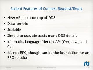 Salient Features of Connext Request/Reply

• New API, built on top of DDS
• Data-centric
• Scalable
• Simple to use, abstr...