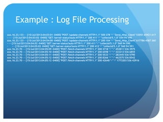 Example : Log File Processing
xxx.16.23.133 - - [15/Jul/2013:04:03:01 -0400] "POST /update-channels HTTP/1.1" 500 378 "-" "Zend_Http_Client" 53051 65921 617
- - - - [15/Jul/2013:04:03:02 -0400] "GET /server-status?auto HTTP/1.1" 200 411 "-" "collectd/5.1.0" 544 94 590
xxx.16.23.133 - - [15/Jul/2013:04:04:00 -0400] "POST /update-channels HTTP/1.1" 200 104 "-" "Zend_Http_Client" 617786 4587 360
- - - [15/Jul/2013:04:04:02 -0400] "GET /server-status?auto HTTP/1.1" 200 411 "-" "collectd/5.1.0" 568 94 590
- - - [15/Jul/2013:04:05:02 -0400] "GET /server-status?auto HTTP/1.1" 200 412 "-" "collectd/5.1.0" 560 94 591
xxx.16.23.70 - - [15/Jul/2013:04:05:09 -0400] "POST /fetch-channels HTTP/1.1" 200 3718 "-" "-" 452811 536 3975
xxx.16.23.70 - - [15/Jul/2013:04:05:10 -0400] "POST /fetch-channels HTTP/1.1" 200 6598 "-" "-" 333213 536 6855
xxx.16.23.70 - - [15/Jul/2013:04:05:11 -0400] "POST /fetch-channels HTTP/1.1" 200 5533 "-" "-" 282445 536 5790
xxx.16.23.70 - - [15/Jul/2013:04:05:12 -0400] "POST /fetch-channels HTTP/1.1" 200 8266 "-" "-" 462575 536 8542
xxx.16.23.70 - - [15/Jul/2013:04:05:12 -0400] "POST /fetch-channels HTTP/1.1" 200 42640 "-" "-" 1773203 536 42916
 