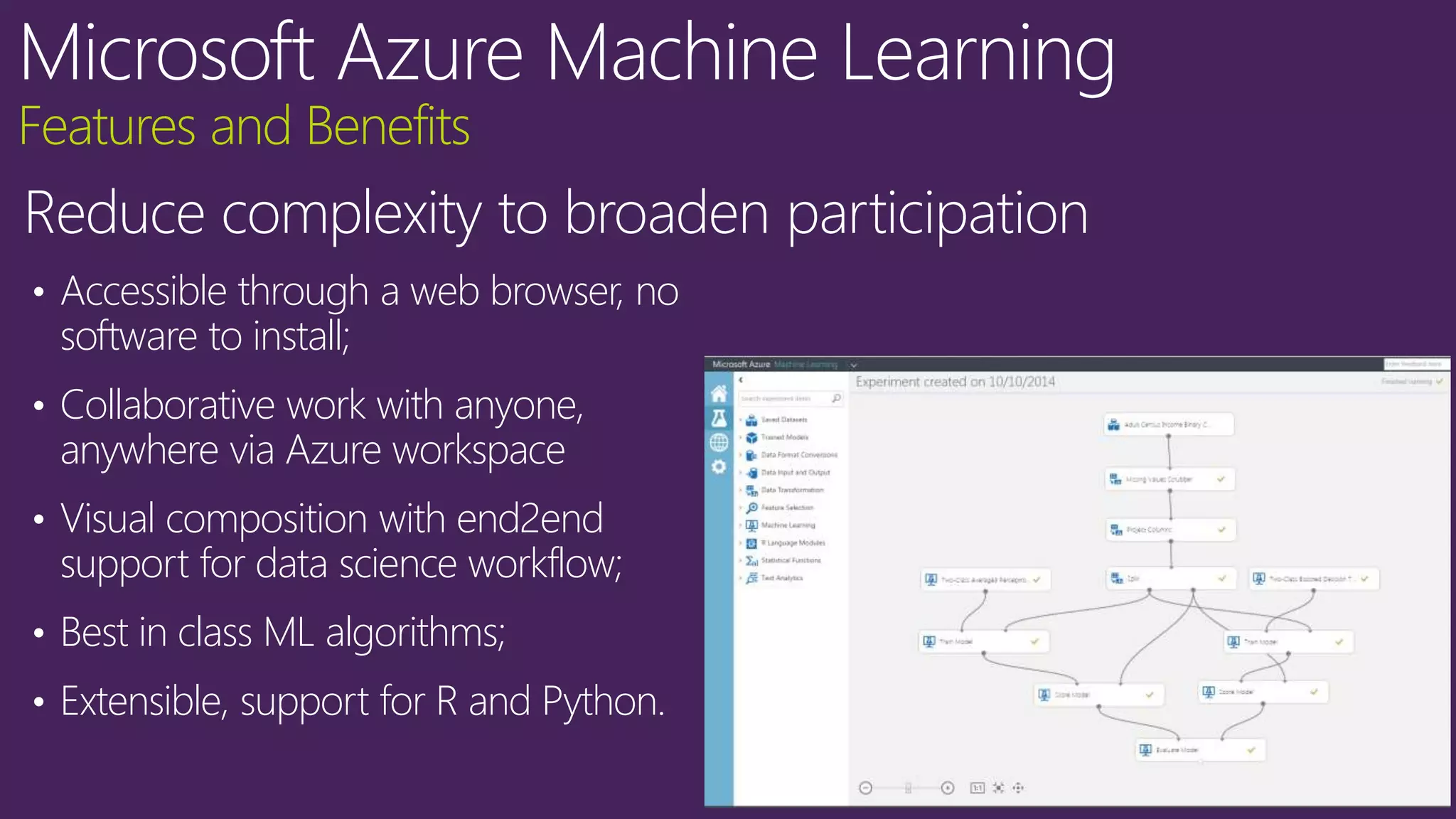 Reduce complexity to broaden participation
Features and Benefits
• Accessible through a web browser, no
software to install;
• Collaborative work with anyone,
anywhere via Azure workspace
• Visual composition with end2end
support for data science workflow;
• Best in class ML algorithms;
• Extensible, support for R and Python.
 