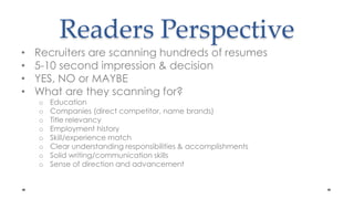 Readers PerspectiveRecruiters are scanning hundreds of resumes 5-10 second impression & decisionYES, NO or MAYBE What are they scanning for?EducationCompanies (direct competitor, name brands)Title relevancyEmployment historySkill/experience matchClear understanding responsibilities & accomplishmentsSolid writing/communication skillsSense of direction and advancement