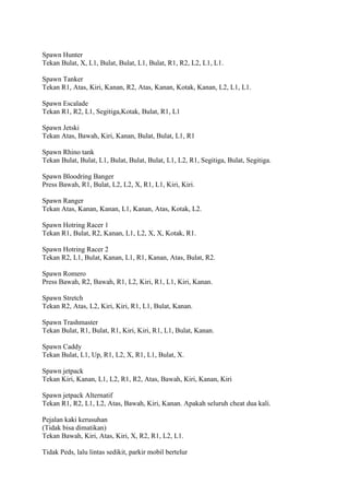 Spawn Hunter
Tekan Bulat, X, L1, Bulat, Bulat, L1, Bulat, R1, R2, L2, L1, L1.
Spawn Tanker
Tekan R1, Atas, Kiri, Kanan, R2, Atas, Kanan, Kotak, Kanan, L2, L1, L1.
Spawn Escalade
Tekan R1, R2, L1, Segitiga,Kotak, Bulat, R1, L1
Spawn Jetski
Tekan Atas, Bawah, Kiri, Kanan, Bulat, Bulat, L1, R1
Spawn Rhino tank
Tekan Bulat, Bulat, L1, Bulat, Bulat, Bulat, L1, L2, R1, Segitiga, Bulat, Segitiga.
Spawn Bloodring Banger
Press Bawah, R1, Bulat, L2, L2, X, R1, L1, Kiri, Kiri.
Spawn Ranger
Tekan Atas, Kanan, Kanan, L1, Kanan, Atas, Kotak, L2.
Spawn Hotring Racer 1
Tekan R1, Bulat, R2, Kanan, L1, L2, X, X, Kotak, R1.
Spawn Hotring Racer 2
Tekan R2, L1, Bulat, Kanan, L1, R1, Kanan, Atas, Bulat, R2.
Spawn Romero
Press Bawah, R2, Bawah, R1, L2, Kiri, R1, L1, Kiri, Kanan.
Spawn Stretch
Tekan R2, Atas, L2, Kiri, Kiri, R1, L1, Bulat, Kanan.
Spawn Trashmaster
Tekan Bulat, R1, Bulat, R1, Kiri, Kiri, R1, L1, Bulat, Kanan.
Spawn Caddy
Tekan Bulat, L1, Up, R1, L2, X, R1, L1, Bulat, X.
Spawn jetpack
Tekan Kiri, Kanan, L1, L2, R1, R2, Atas, Bawah, Kiri, Kanan, Kiri
Spawn jetpack Alternatif
Tekan R1, R2, L1, L2, Atas, Bawah, Kiri, Kanan. Apakah seluruh cheat dua kali.
Pejalan kaki kerusuhan
(Tidak bisa dimatikan)
Tekan Bawah, Kiri, Atas, Kiri, X, R2, R1, L2, L1.
Tidak Peds, lalu lintas sedikit, parkir mobil bertelur

 