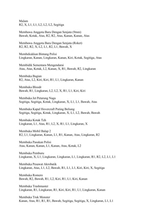 Malam
R2, X, L1, L1, L2, L2, L2, Segitiga
Membawa Anggota Baru Dengan Senjata (9mm)
Bawah, Kotak, Atas, R2, R2, Atas, Kanan, Kanan, Atas
Membawa Anggota Baru Dengan Senjata (Roket)
R2, R2, R2, X, L2, L1, R2, L1, Bawah, X
Membekukkan Bintang Polisi
Lingkaran, Kanan, Lingkaran, Kanan, Kiri, Kotak, Segitiga, Atas
Membidik Sementara Mengendarai
Atas, Atas, Kotak, L2, Kanan, X, R1, Bawah, R2, Lingkaran
Membuka Bagian
R2, Atas, L2, Kiri, Kiri, R1, L1, Lingkaran, Kanan
Membuka Bloodr
Bawah, R1, Lingkaran, L2, L2, X, R1, L1, Kiri, Kiri
Membuka Jet Petarung Naga
Segitiga, Segitiga, Kotak, Lingkaran, X, L1, L1, Bawah, Atas
Membuka Kapal Hovercraft Puting Beliung
Segitiga, Segitiga, Kotak, Lingkaran, X, L1, L2, Bawah, Bawah
Membuka Kotak Teh
Lingkaran, L1, Atas, R1, L2, X, R1, L1, Lingkaran, X
Membuka Mobil Balap 2
R2, L1, Lingkaran, Kanan, L1, R1, Kanan, Atas, Lingkaran, R2
Membuka Pasukan Polisi
Atas, Kanan, Kanan, L1, Kanan, Atas, Kotak, L2
Membuka Pemburu
Lingkaran, X, L1, Lingkaran, Lingkaran, L1, Lingkaran, R1, R2, L2, L1, L1
Membuka Pesawat Akrobatik
Lingkaran, Atas, L1, L2, Bawah, R1, L1, L1, Kiri, Kiri, X, Segitiga
Membuka Romero
Bawah, R2, Bawah, R1, L2, Kiri, R1, L1, Kiri, Kanan
Membuka Trashmaster
Lingkaran, R1, Lingkaran, R1, Kiri, Kiri, R1, L1, Lingkaran, Kanan
Membuka Truk Monster
Kanan, Atas, R1, R1, R1, Bawah, Segitiga, Segitiga, X, Lingkaran, L1, L1

 