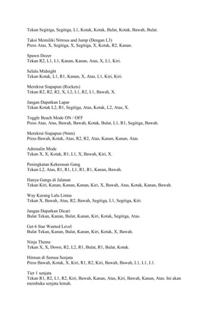 Tekan Segitiga, Segitiga, L1, Kotak, Kotak, Bulat, Kotak, Bawah, Bulat.
Taksi Memiliki Nitrous and Jump (Dengan L3)
Press Atas, X, Segitiga, X, Segitiga, X, Kotak, R2, Kanan.
Spawn Dozer
Tekan R2, L1, L1, Kanan, Kanan, Atas, X, L1, Kiri.
Selalu Midnight
Tekan Kotak, L1, R1, Kanan, X, Atas, L1, Kiri, Kiri.
Merekrut Siapapun (Rockets)
Tekan R2, R2, R2, X, L2, L1, R2, L1, Bawah, X.
Jangan Dapatkan Lapar
Tekan Kotak L2, R1, Segitiga, Atas, Kotak, L2, Atas, X.
Toggle Beach Mode ON / OFF
Press Atas, Atas, Bawah, Bawah, Kotak, Bulat, L1, R1, Segitiga, Bawah.
Merekrut Siapapun (9mm)
Press Bawah, Kotak, Atas, R2, R2, Atas, Kanan, Kanan, Atas.
Adrenalin Mode
Tekan X, X, Kotak, R1, L1, X, Bawah, Kiri, X.
Peningkatan Kekerasan Gang
Tekan L2, Atas, R1, R1, L1, R1, R1, Kanan, Bawah.
Hanya Gangs di Jalanan
Tekan Kiri, Kanan, Kanan, Kanan, Kiri, X, Bawah, Atas, Kotak, Kanan, Bawah.
Way Kurang Lalu Lintas
Tekan X, Bawah, Atas, R2, Bawah, Segitiga, L1, Segitiga, Kiri.
Jangan Dapatkan Dicari
Bulat Tekan, Kanan, Bulat, Kanan, Kiri, Kotak, Segitiga, Atas.
Get 6 Star Wanted Level
Bulat Tekan, Kanan, Bulat, Kanan, Kiri, Kotak, X, Bawah.
Ninja Theme
Tekan X, X, Down, R2, L2, R1, Bulat, R1, Bulat, Kotak.
Hitman di Semua Senjata
Press Bawah, Kotak, X, Kiri, R1, R2, Kiri, Bawah, Bawah, L1, L1, L1.
Tier 1 senjata
Tekan R1, R2, L1, R2, Kiri, Bawah, Kanan, Atas, Kiri, Bawah, Kanan, Atas. Ini akan
membuka senjata lemah.

 