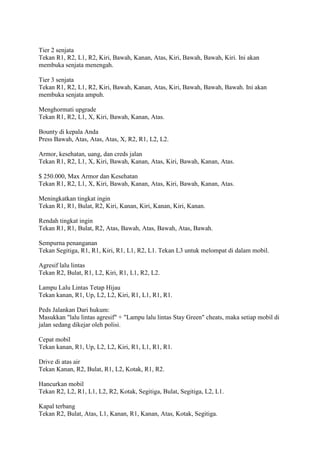 Tier 2 senjata
Tekan R1, R2, L1, R2, Kiri, Bawah, Kanan, Atas, Kiri, Bawah, Bawah, Kiri. Ini akan
membuka senjata menengah.
Tier 3 senjata
Tekan R1, R2, L1, R2, Kiri, Bawah, Kanan, Atas, Kiri, Bawah, Bawah, Bawah. Ini akan
membuka senjata ampuh.
Menghormati upgrade
Tekan R1, R2, L1, X, Kiri, Bawah, Kanan, Atas.
Bounty di kepala Anda
Press Bawah, Atas, Atas, Atas, X, R2, R1, L2, L2.
Armor, kesehatan, uang, dan creds jalan
Tekan R1, R2, L1, X, Kiri, Bawah, Kanan, Atas, Kiri, Bawah, Kanan, Atas.
$ 250.000, Max Armor dan Kesehatan
Tekan R1, R2, L1, X, Kiri, Bawah, Kanan, Atas, Kiri, Bawah, Kanan, Atas.
Meningkatkan tingkat ingin
Tekan R1, R1, Bulat, R2, Kiri, Kanan, Kiri, Kanan, Kiri, Kanan.
Rendah tingkat ingin
Tekan R1, R1, Bulat, R2, Atas, Bawah, Atas, Bawah, Atas, Bawah.
Sempurna penanganan
Tekan Segitiga, R1, R1, Kiri, R1, L1, R2, L1. Tekan L3 untuk melompat di dalam mobil.
Agresif lalu lintas
Tekan R2, Bulat, R1, L2, Kiri, R1, L1, R2, L2.
Lampu Lalu Lintas Tetap Hijau
Tekan kanan, R1, Up, L2, L2, Kiri, R1, L1, R1, R1.
Peds Jalankan Dari hukum:
Masukkan "lalu lintas agresif" + "Lampu lalu lintas Stay Green" cheats, maka setiap mobil di
jalan sedang dikejar oleh polisi.
Cepat mobil
Tekan kanan, R1, Up, L2, L2, Kiri, R1, L1, R1, R1.
Drive di atas air
Tekan Kanan, R2, Bulat, R1, L2, Kotak, R1, R2.
Hancurkan mobil
Tekan R2, L2, R1, L1, L2, R2, Kotak, Segitiga, Bulat, Segitiga, L2, L1.
Kapal terbang
Tekan R2, Bulat, Atas, L1, Kanan, R1, Kanan, Atas, Kotak, Segitiga.

 