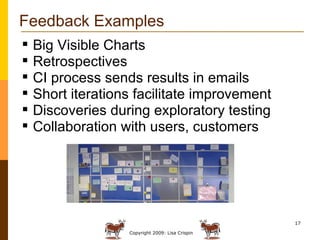 Feedback Examples Big Visible Charts Retrospectives CI process sends results in emails Short iterations facilitate improvement Discoveries during exploratory testing Collaboration with users, customers 